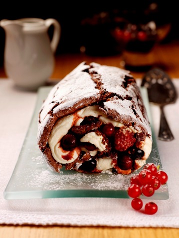 Chocolate Roulade with Spiced Berry Compote and Cointreau Cream