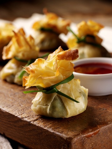 Stilton, Spinach and Walnut Parcels with Blackberry and Russet Apple Sauce