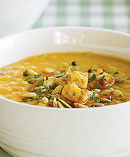 Sweet Potato Soup with Chili, Sauteed Halloumi and Seeds!