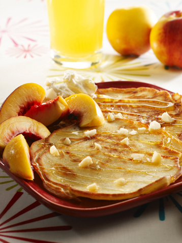 Fluffy Vanilla Pancakes with Sliced White South African Nectarines and Honey Drizzle