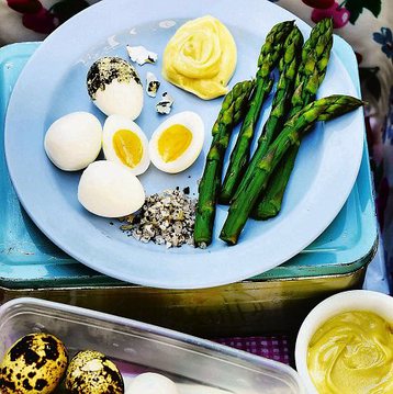 Quail's Eggs, Asparagus Tips and Mustard Mayo Dip