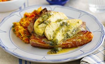 Jo Pratt's Pork Chops with Pear and Stilton with Root Vegetable Mash