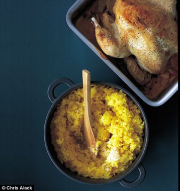 Annie Bell's Garlicky Roast Chicken with Oven Saffron Risotto