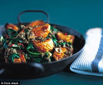 Annie Bell's Roast Sweet Potatoes with Lentils and Spinach