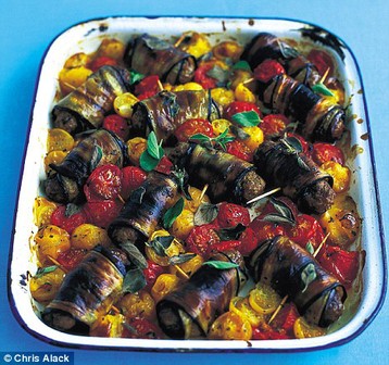 Aubergine wrapped Greek Sausages with Roast Tomatoes