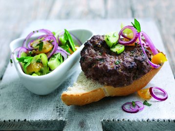 Bbq Beef & Hot Horseradish Burgers with Tomato, Mint, Pepper and Red Onion Salsa