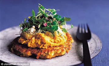 Maria Elia's Carrot Pancakes with Hummus and A Feta Salad