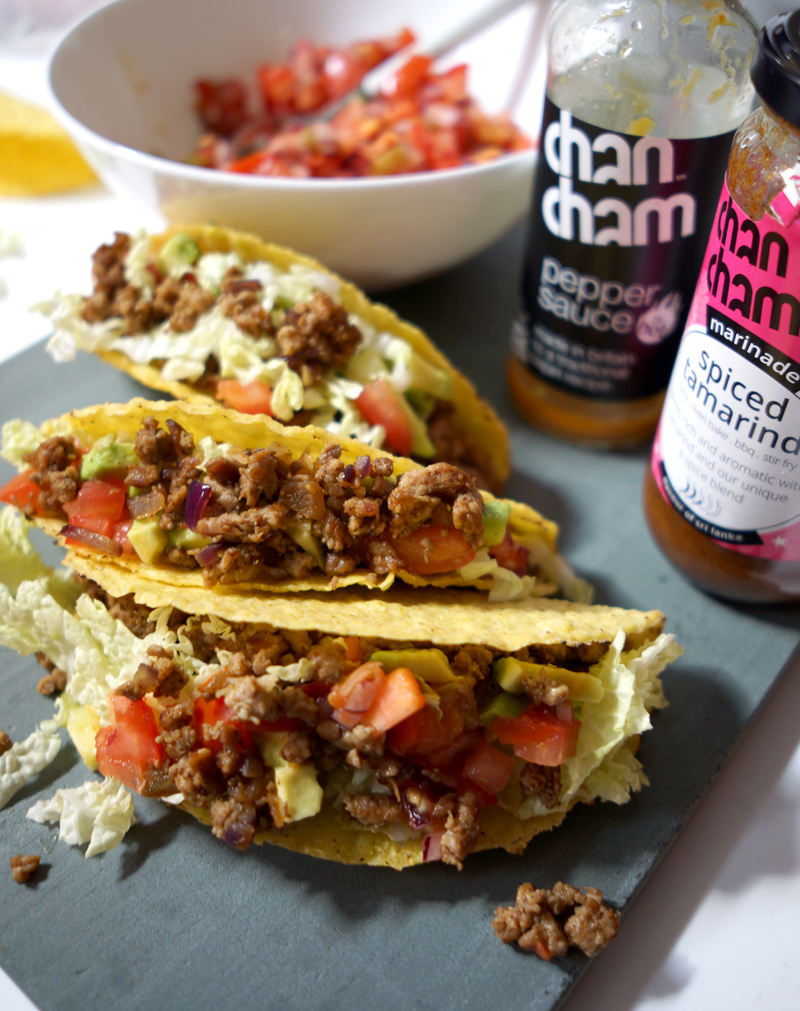 Chancham Spiced Tamarind and Minced Turkey Tacos with Homemade Tomato Salsa and Guacamole