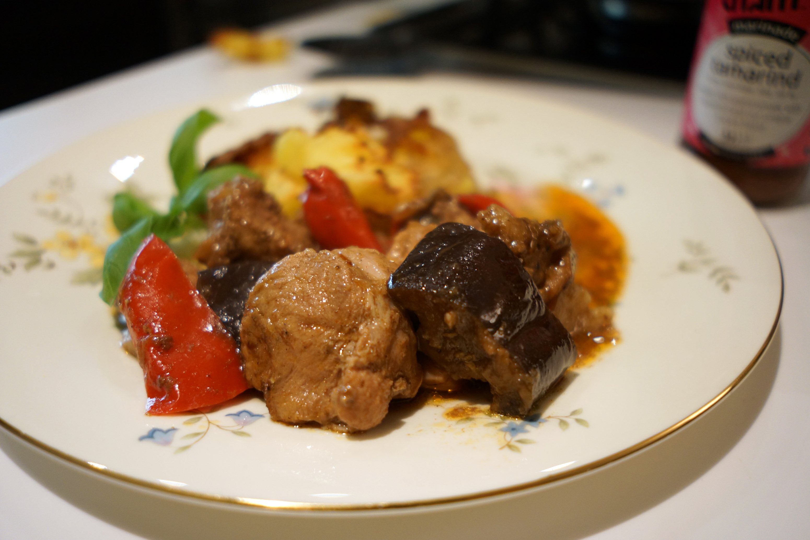 Chancham Spiced Tamarind with Pork Aubergine and Red Pepper Stew