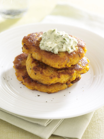 Sweet Potato Cakes with Cheddar and Coriander Dip